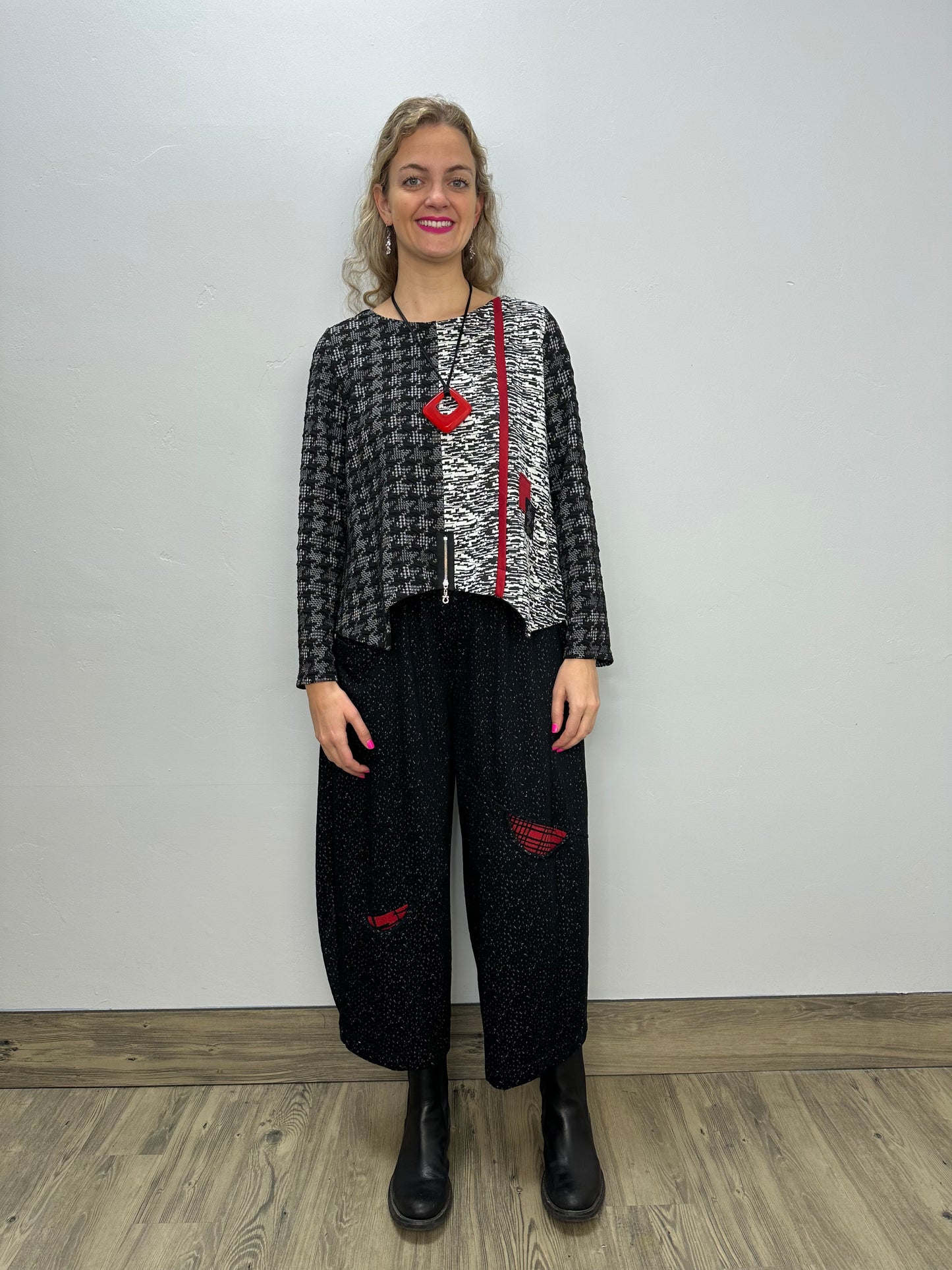 Gray and Black Pattern Long Sleeve with Red Accents