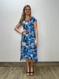 Blue Pattern Blocks Cap Sleeve Full Length Dress