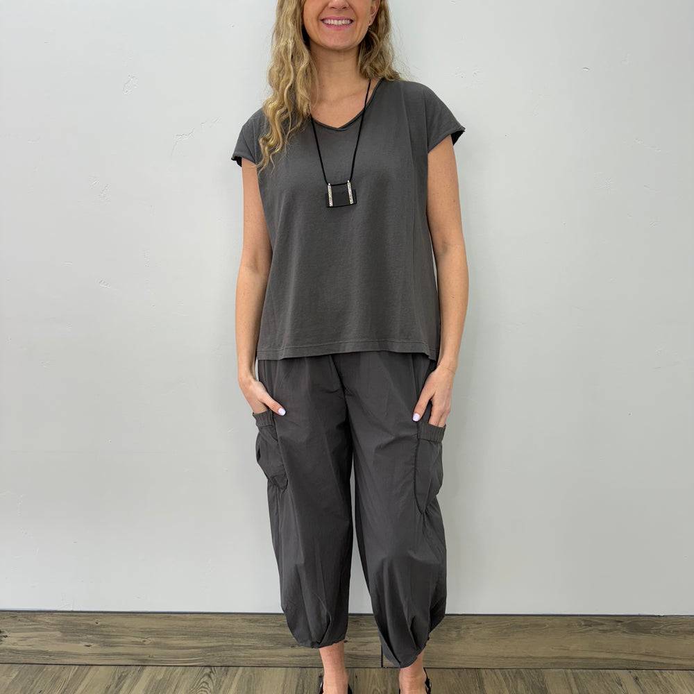 Dusk Gray Cotton V Neck Short Sleeve Top