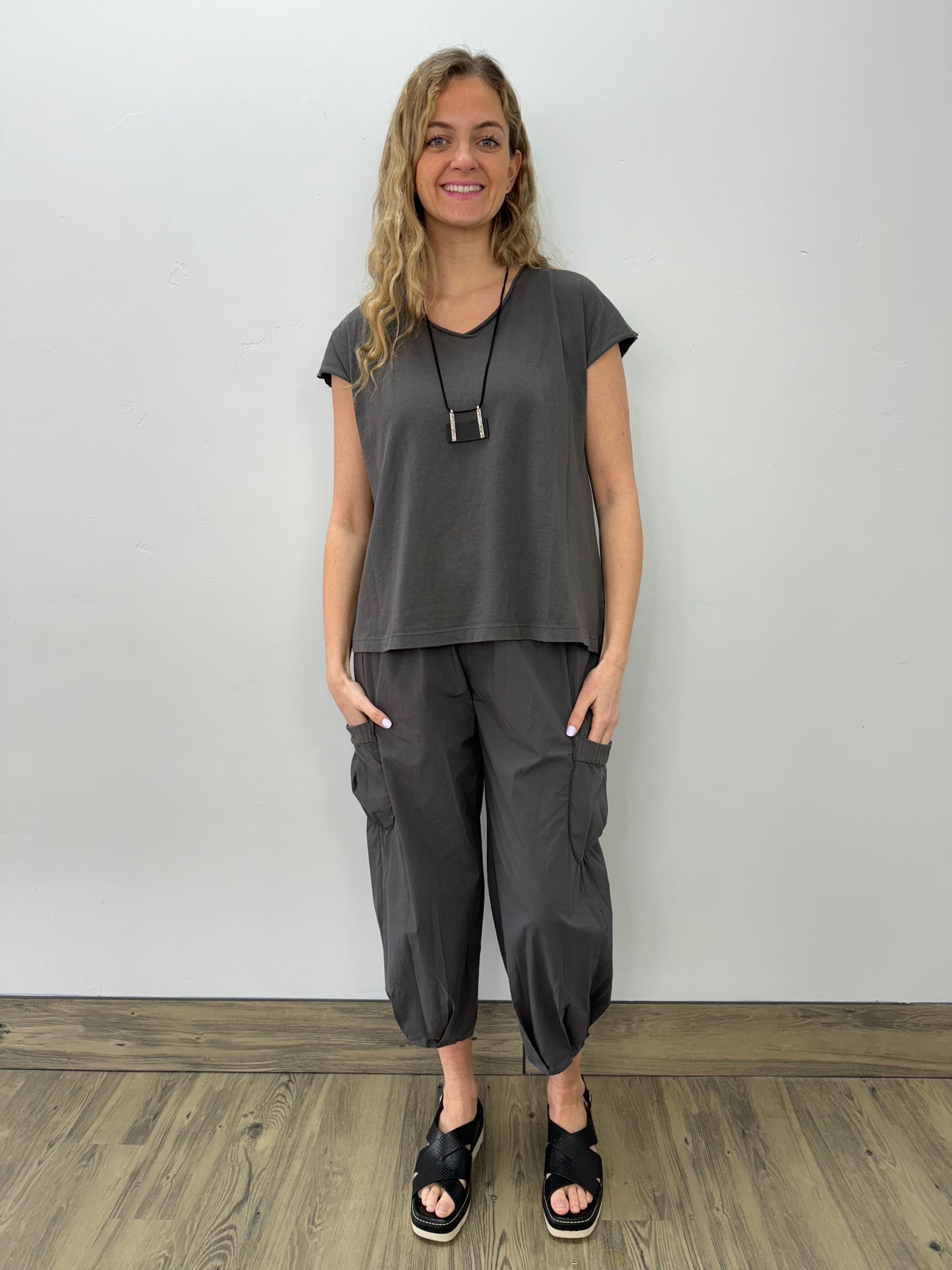 Dusk Gray Cotton V Neck Short Sleeve Top