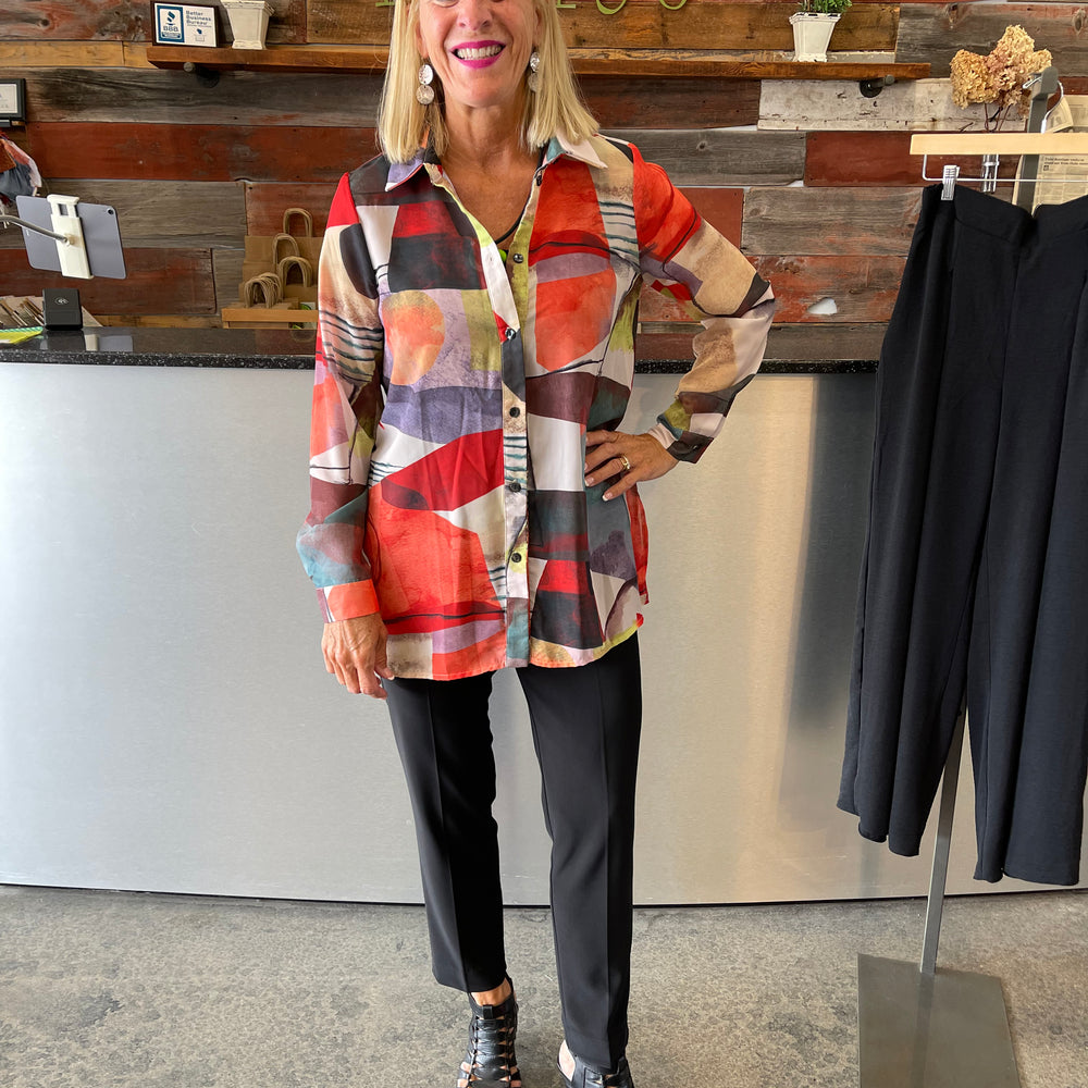 Coral Black Print Chiffon Button Down Top