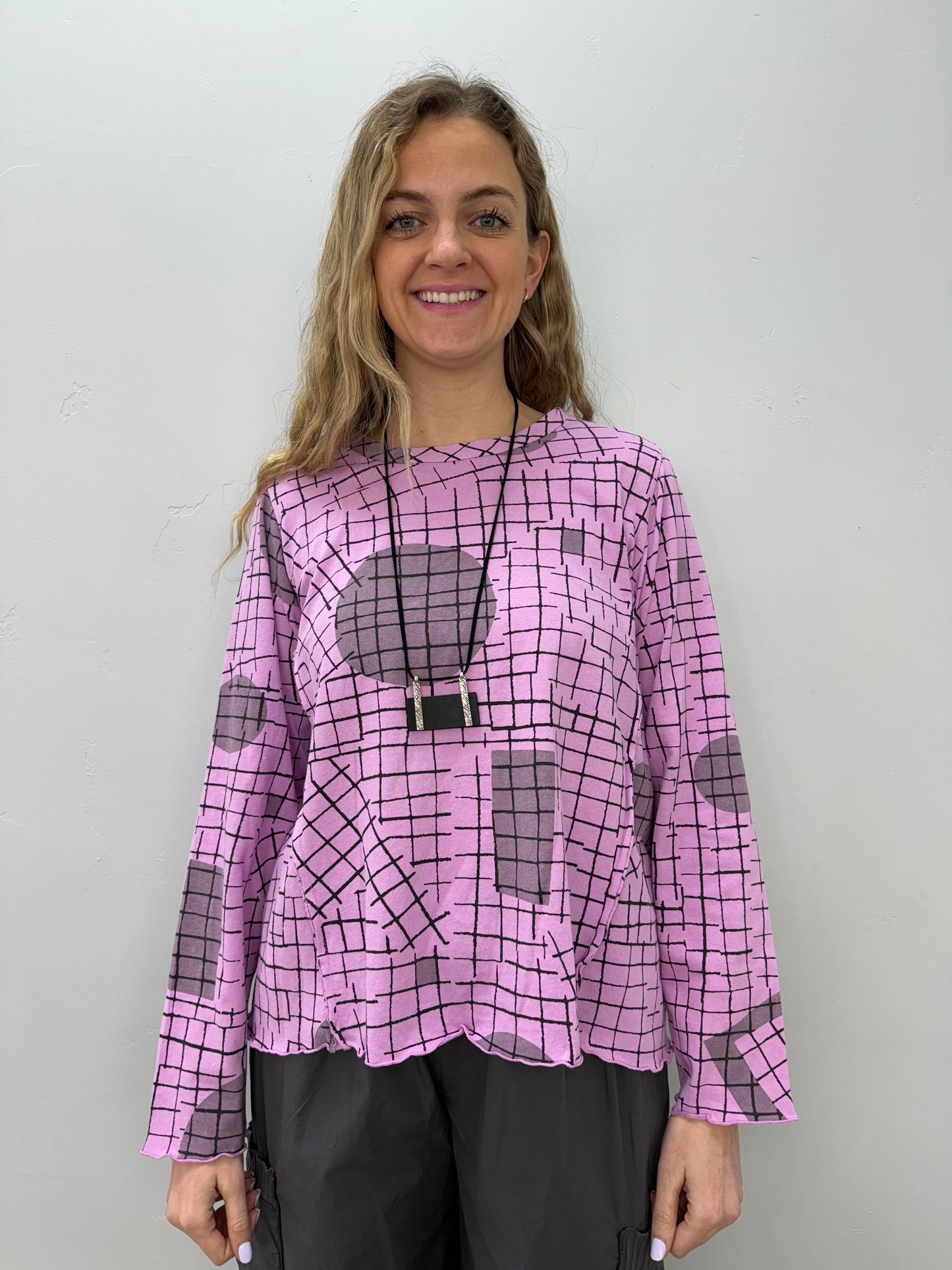 Rose Pink Pattern Long Sleeve Cotton Top