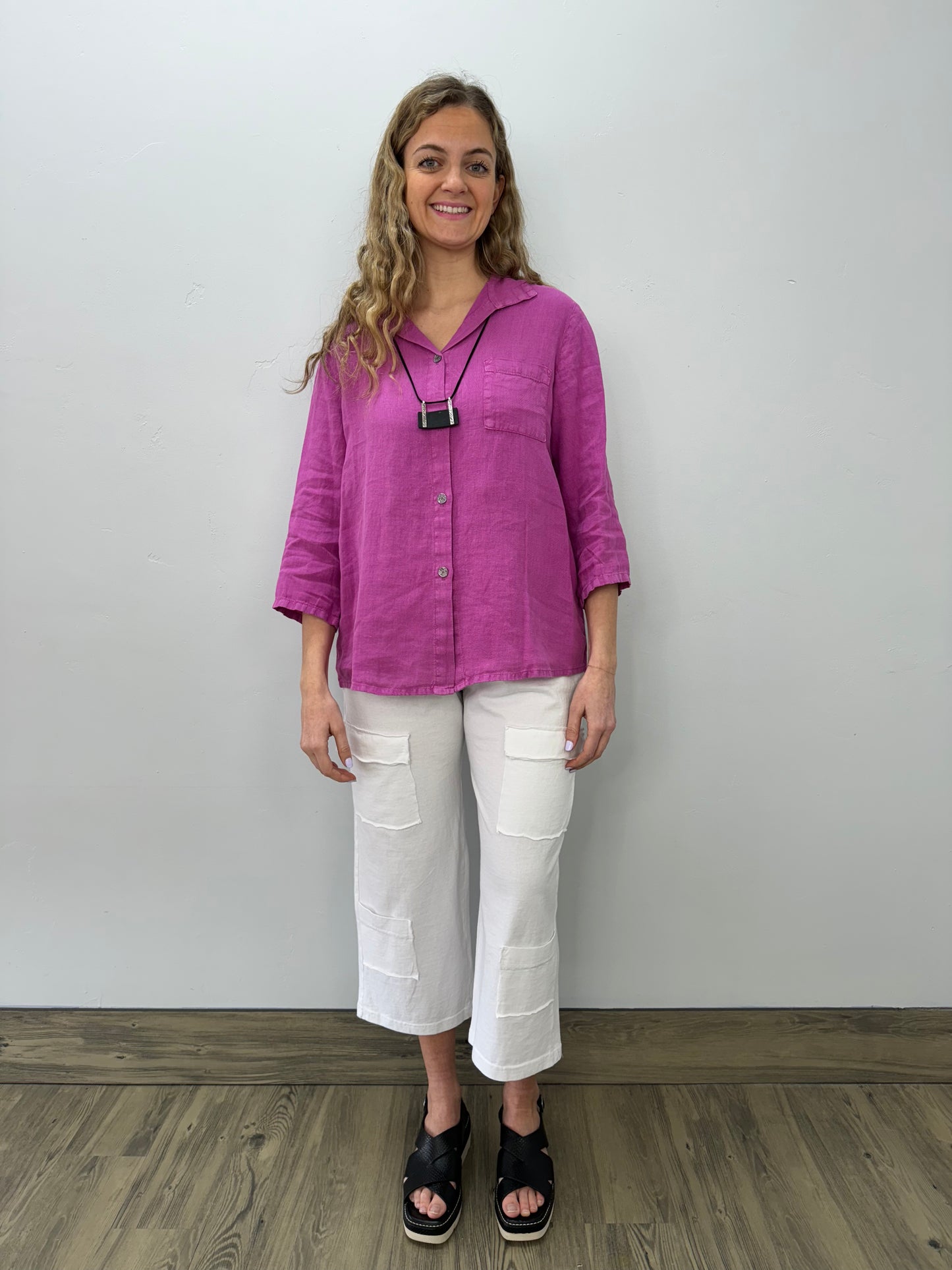 Berry Pink Linen Button Down Top