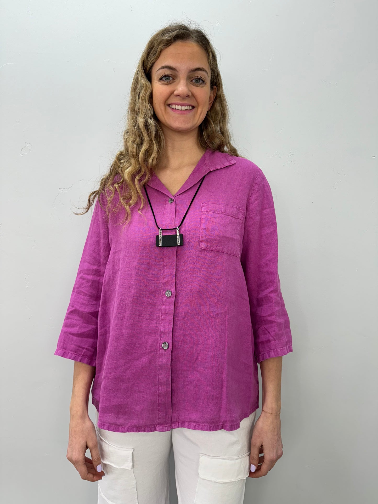 Berry Pink Linen Button Down Top