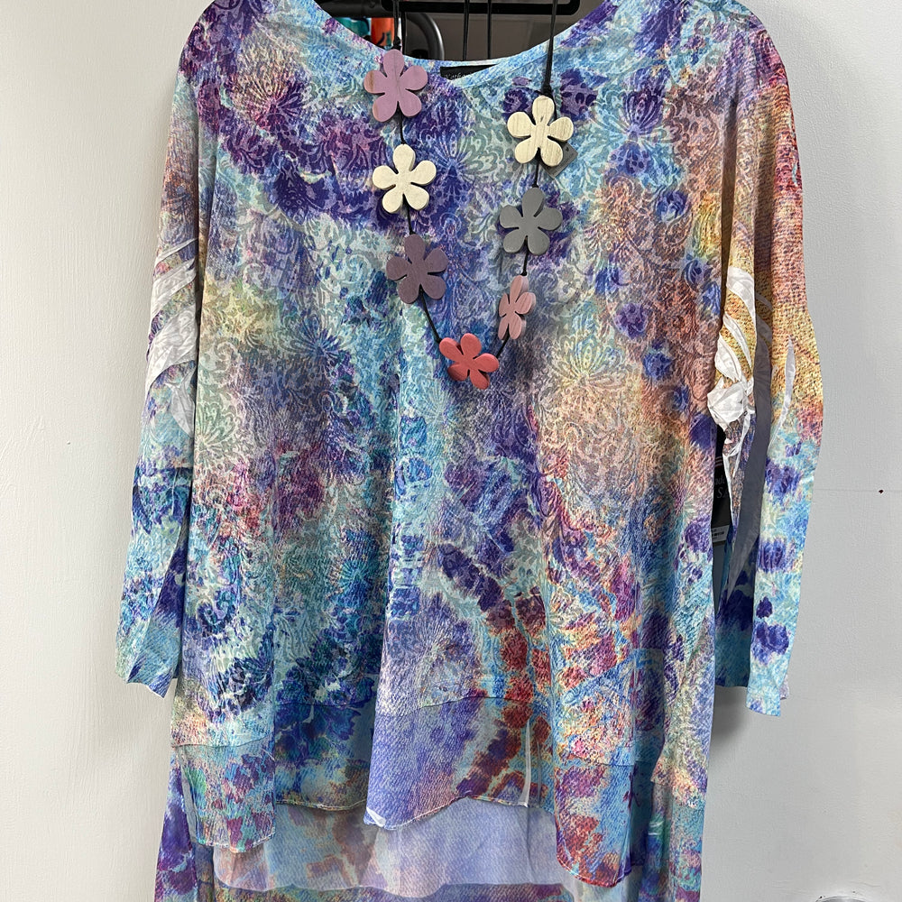 Purple Floral 3/4 Sleeve Burnout Tunic with Mesh layers