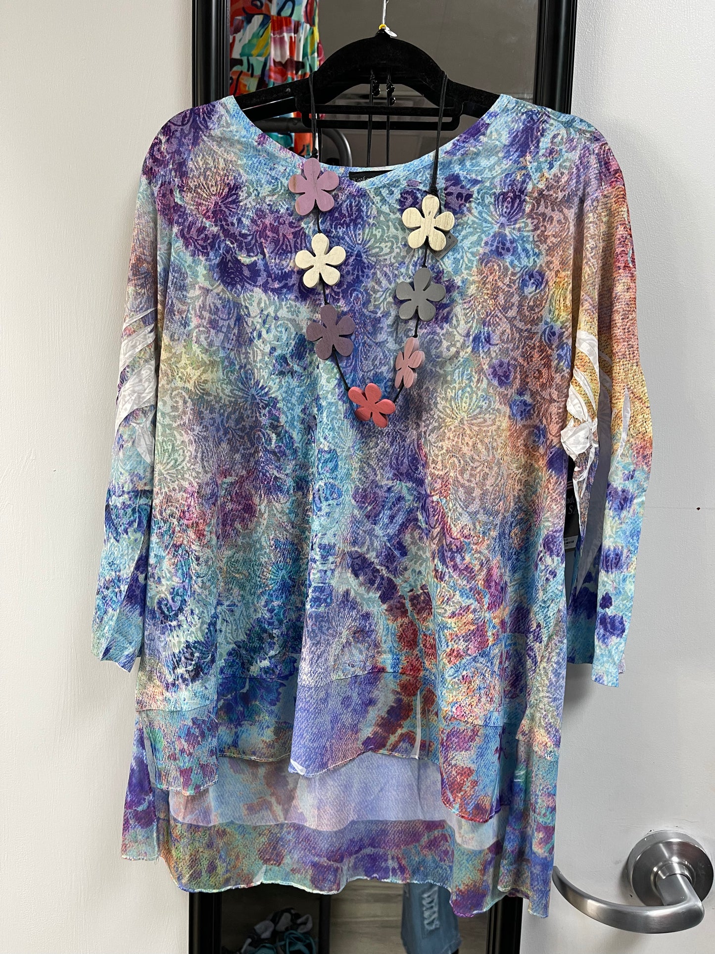 Purple Floral 3/4 Sleeve Burnout Tunic with Mesh layers