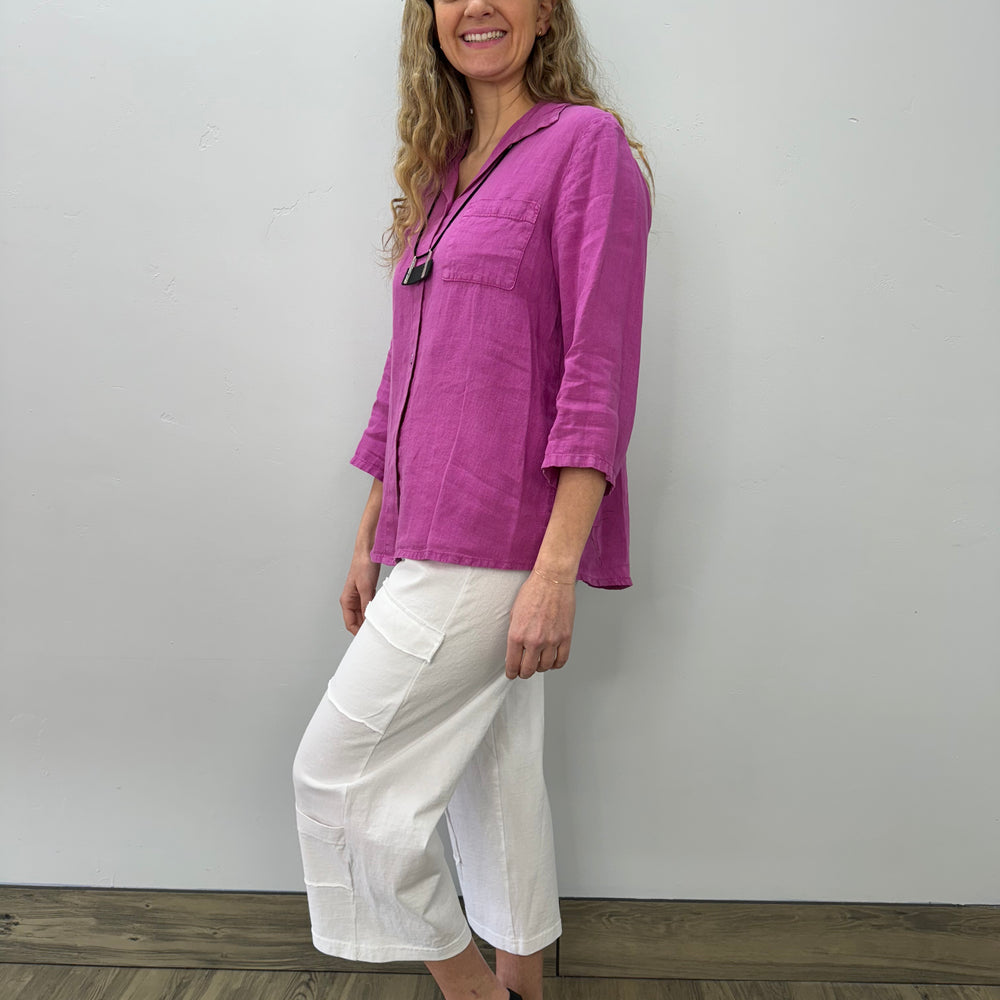 
                  
                    Berry Pink Linen Button Down Top
                  
                