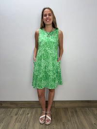 Shades of Green Leaves Sleeveless Empire Waist Dress