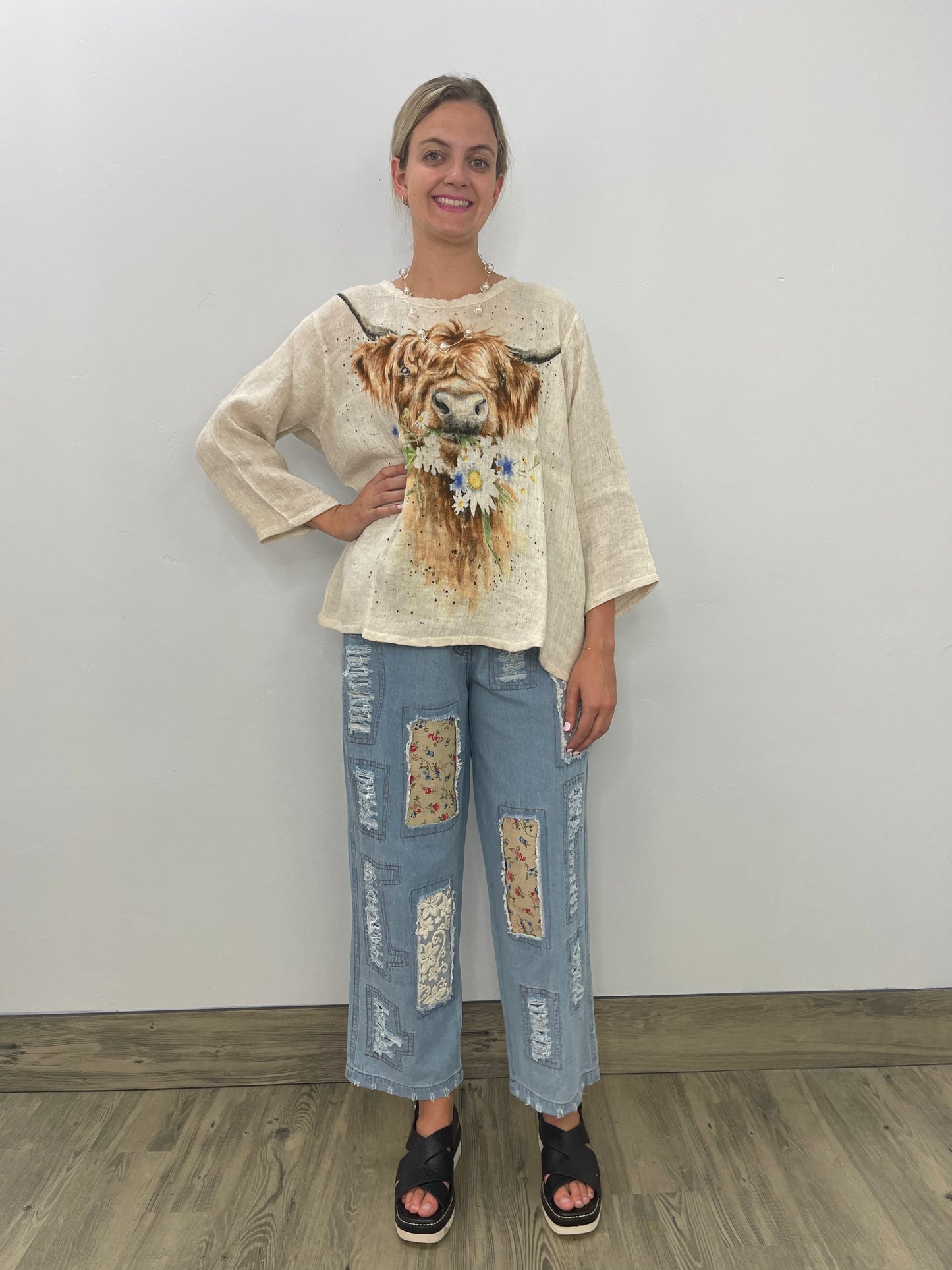 Cow Printed Cream 3/4 Sleeve Top