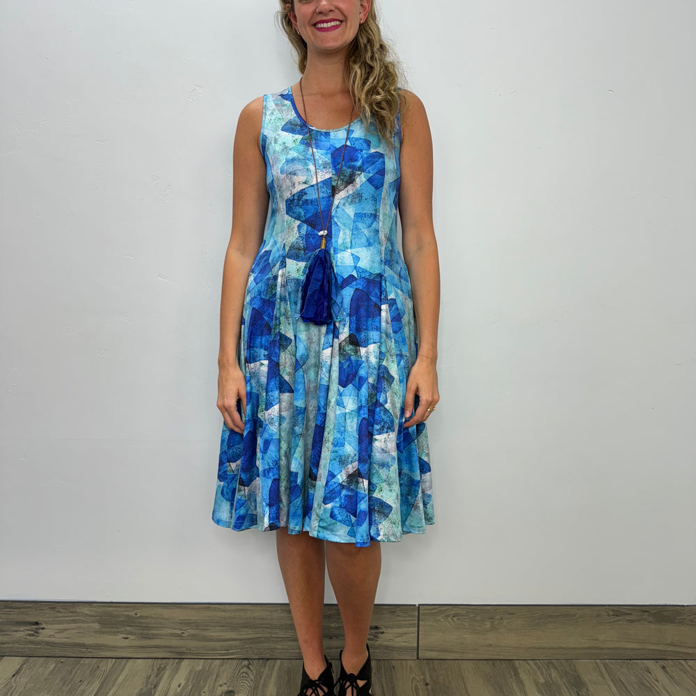 Blue Watercolor Sleeveless Scoop Neck Bubble Dress