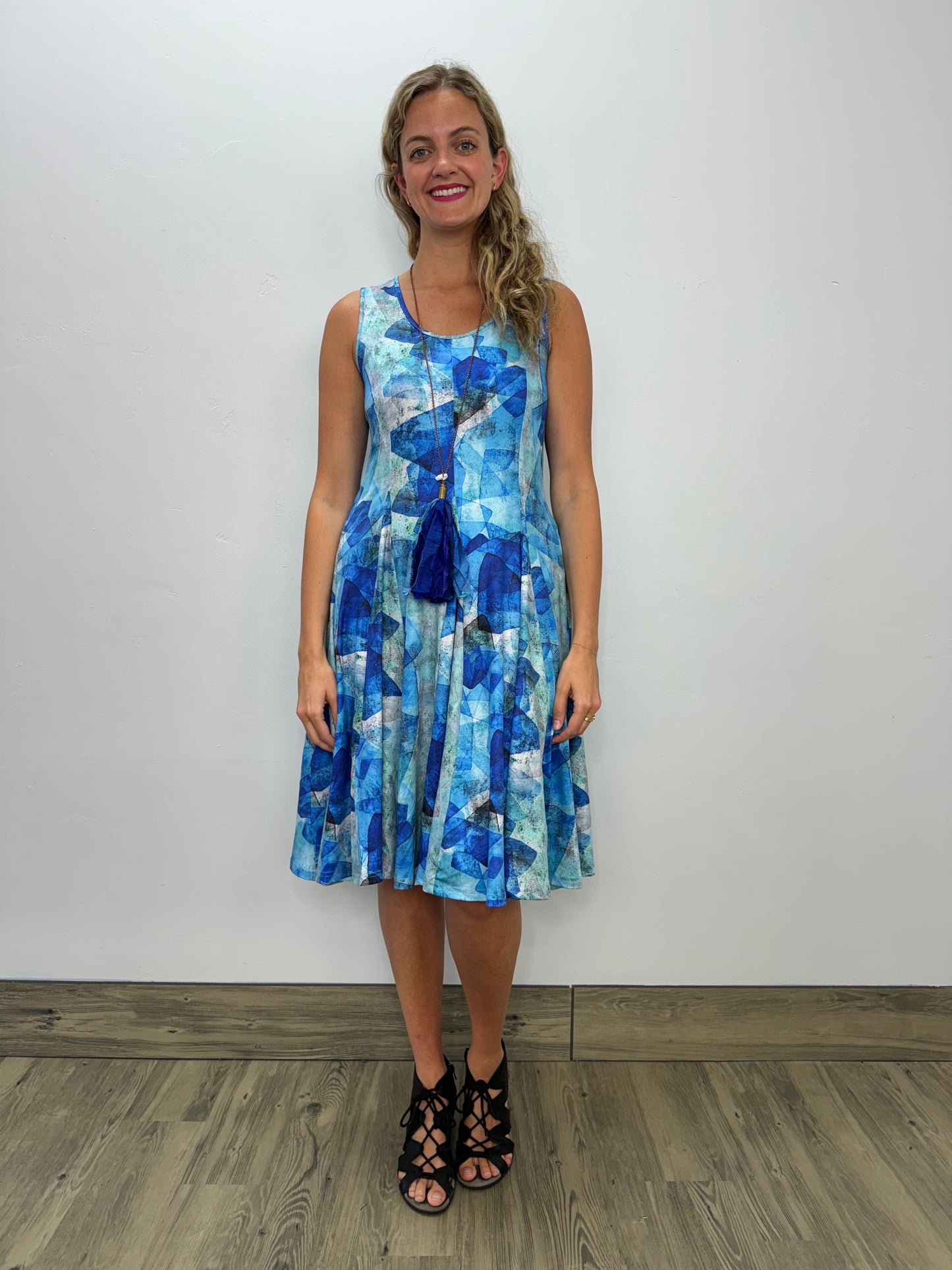 Blue Watercolor Sleeveless Scoop Neck Bubble Dress