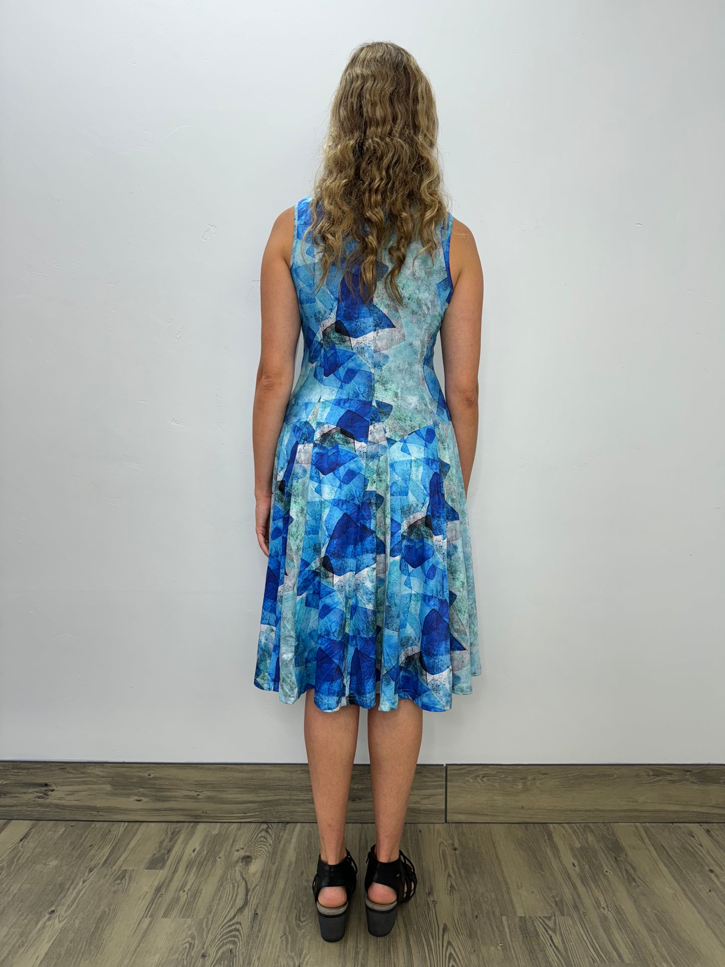 Blue Watercolor Sleeveless Scoop Neck Bubble Dress