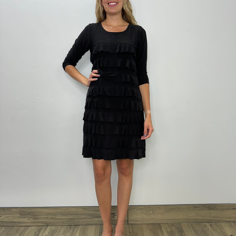 Solid Black Scoop Neck Ruffle Dress with 3/4 Sleeve