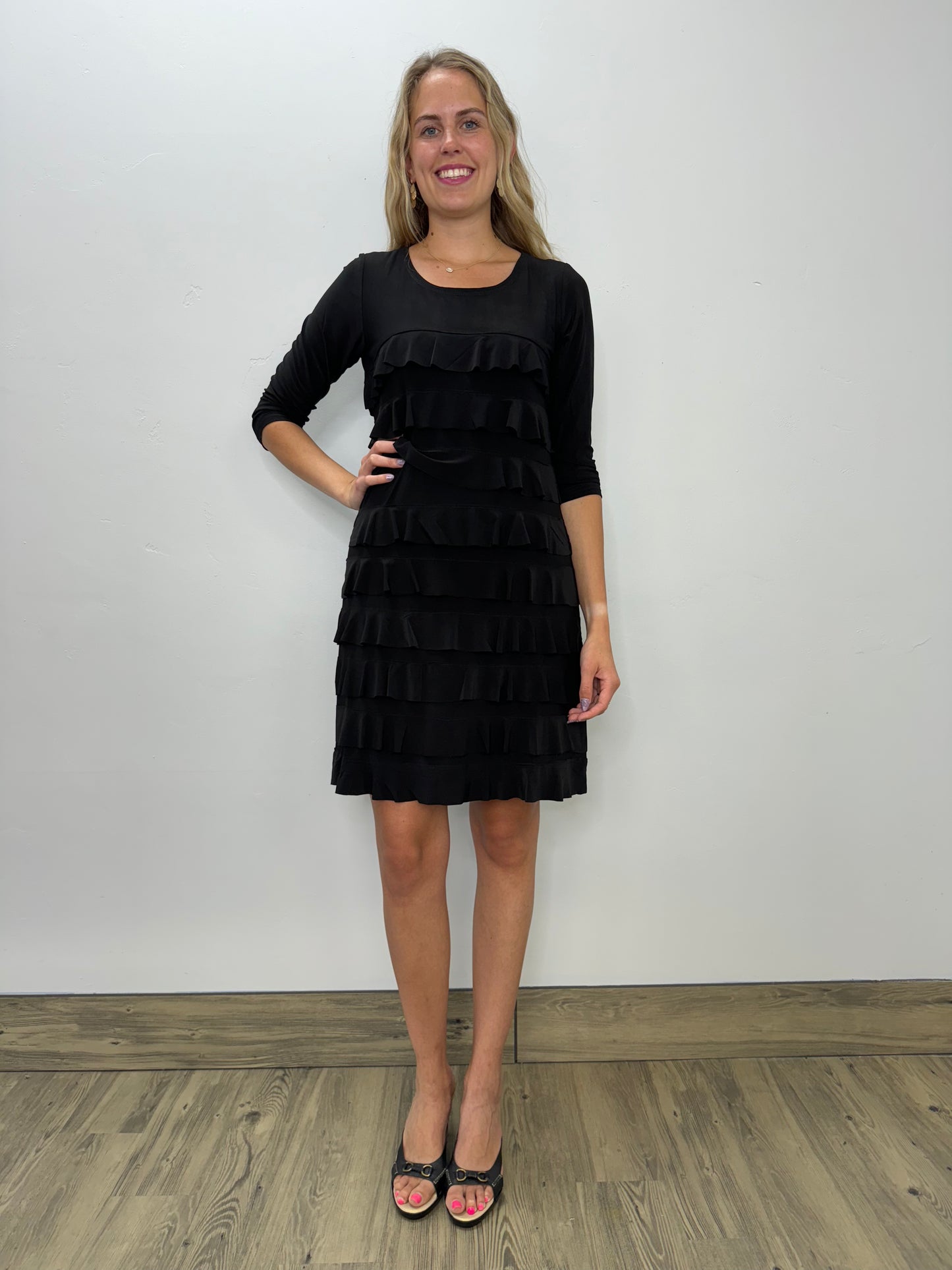 Solid Black Scoop Neck Ruffle Dress with 3/4 Sleeve