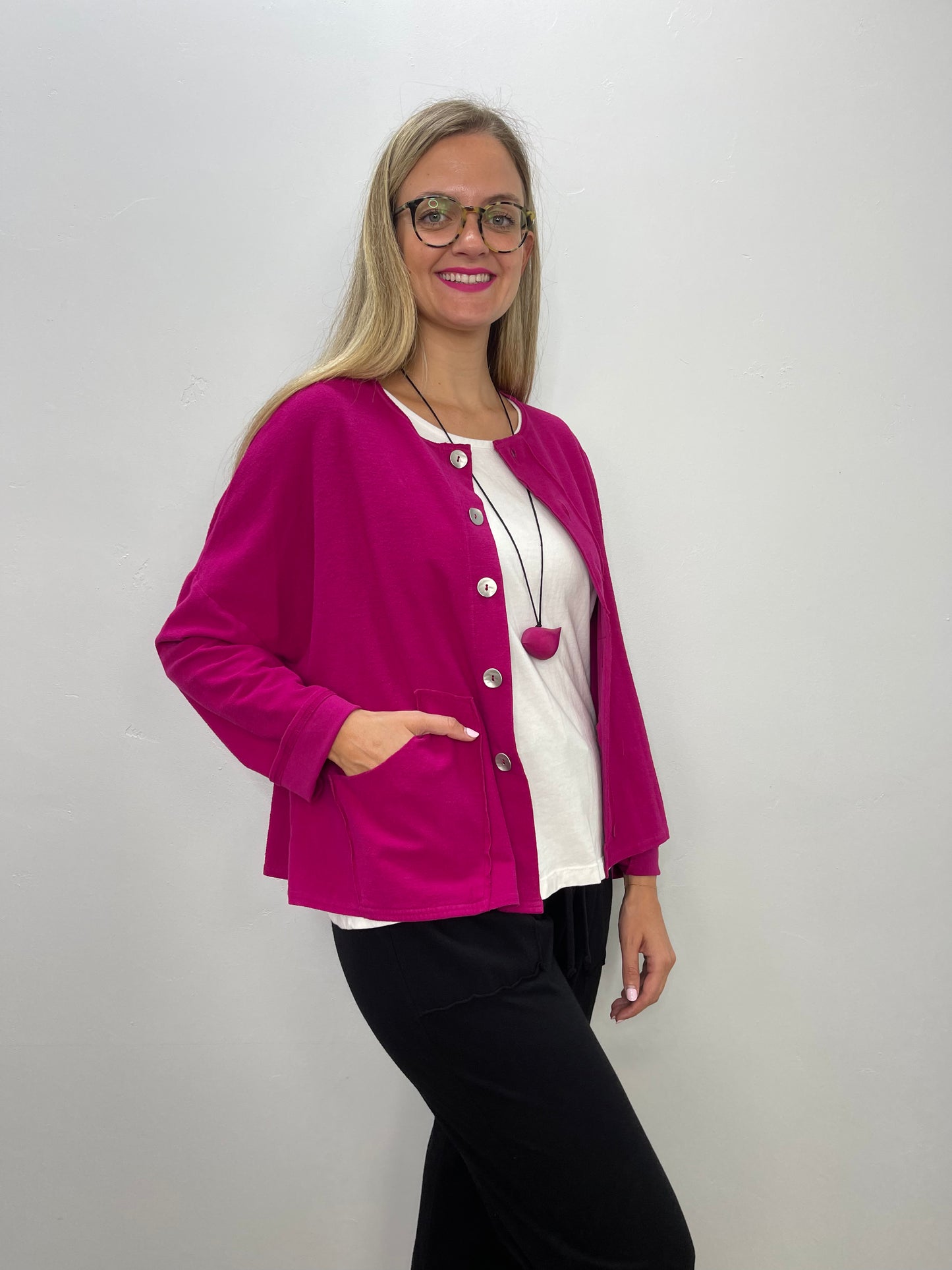 Magenta Crop Button Down Jacket