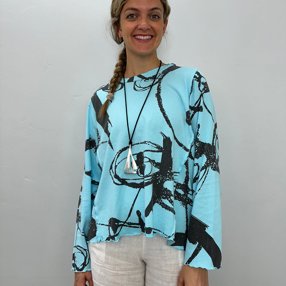 Arctic Blue Pattern Long Sleeve Cotton Top