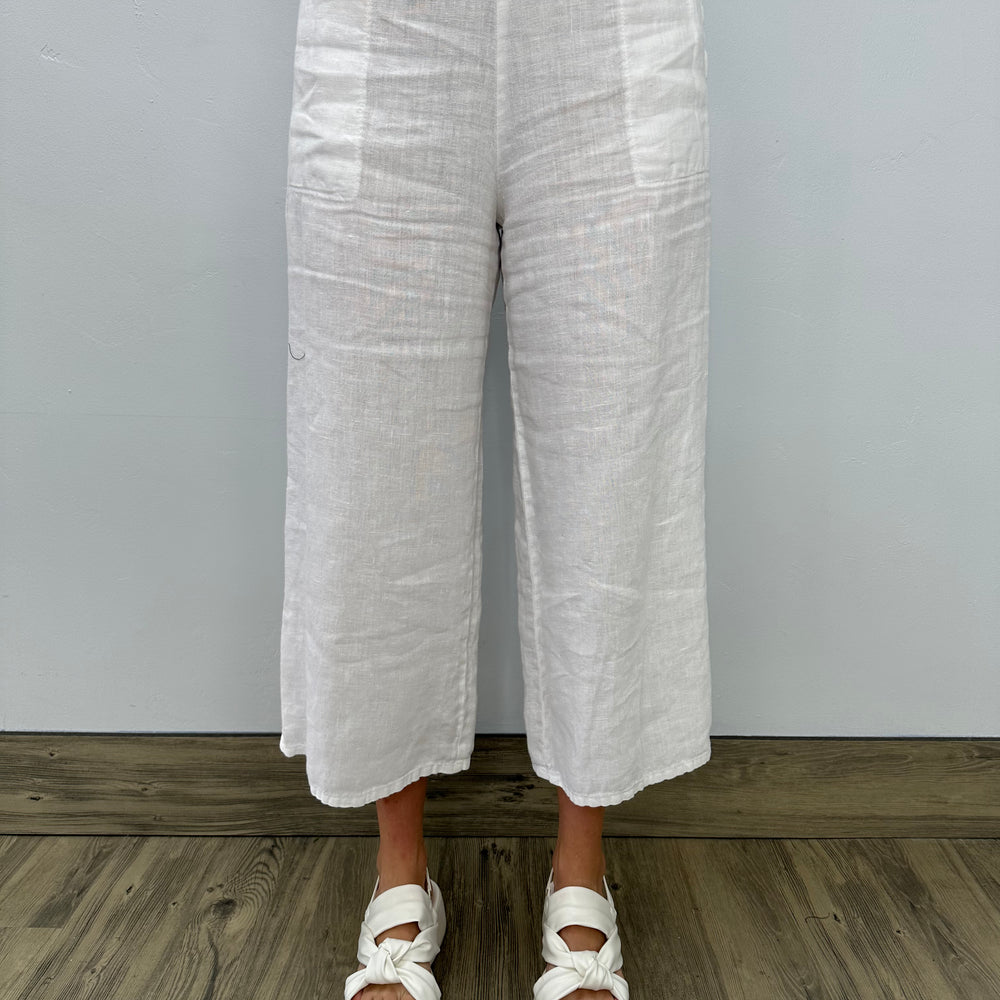 White Linen Flat Front Crop Pant with Adjustable Waist