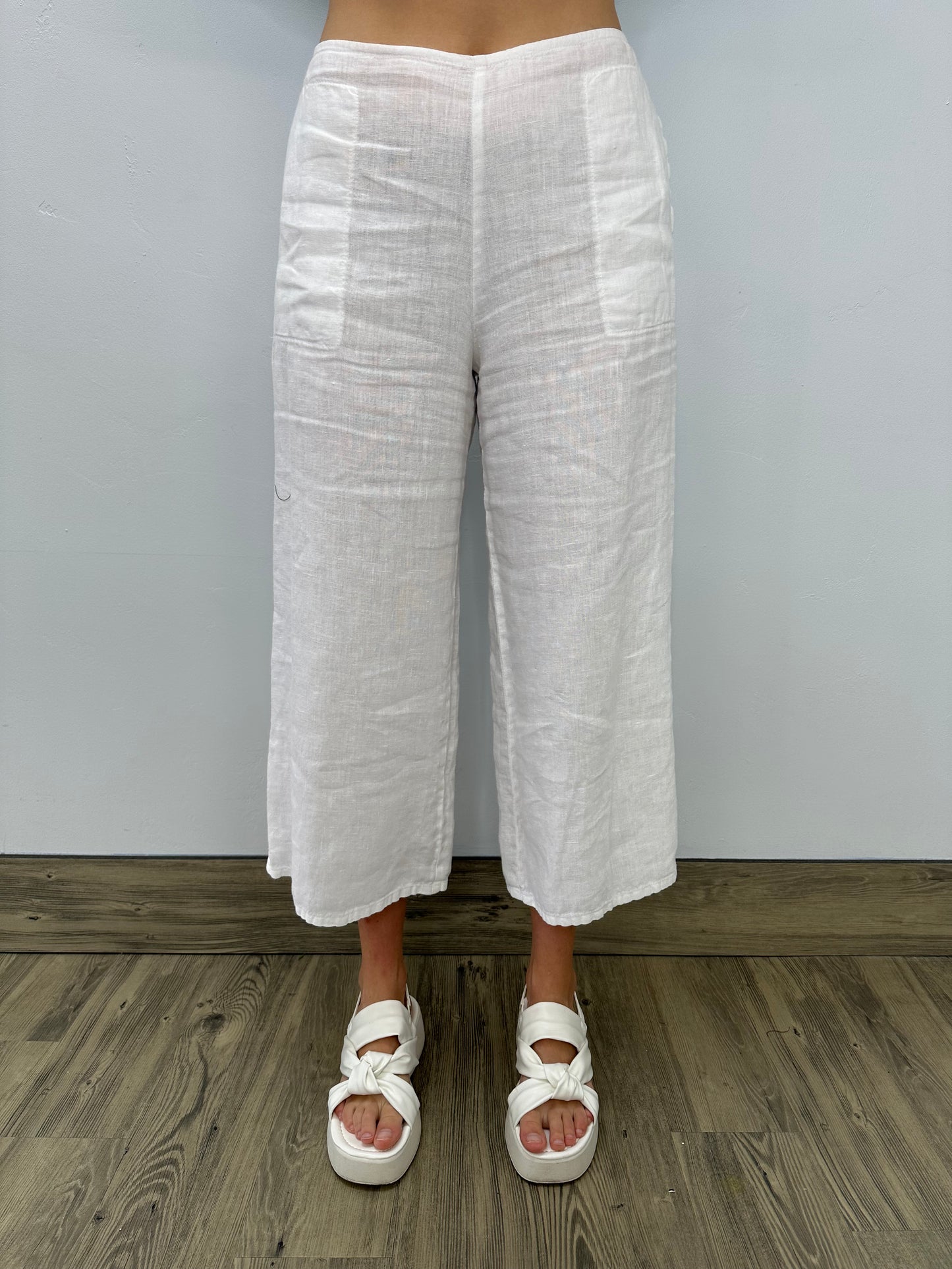 White Linen Flat Front Crop Pant with Adjustable Waist