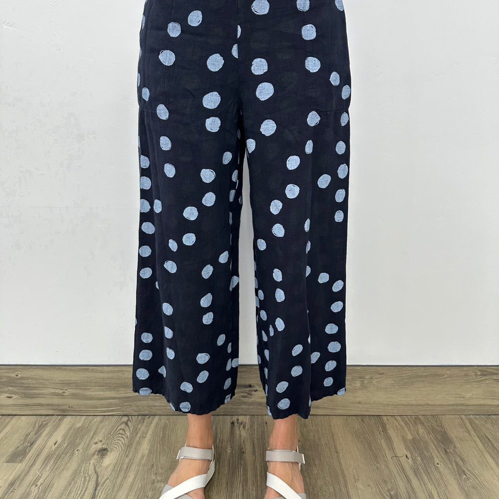 Ink Dots Linen Flat Front Crop Pant with Adjustable Waist