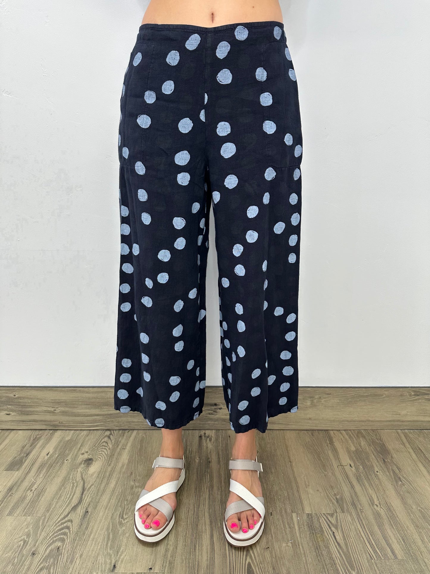 Ink Dots Linen Flat Front Crop Pant with Adjustable Waist