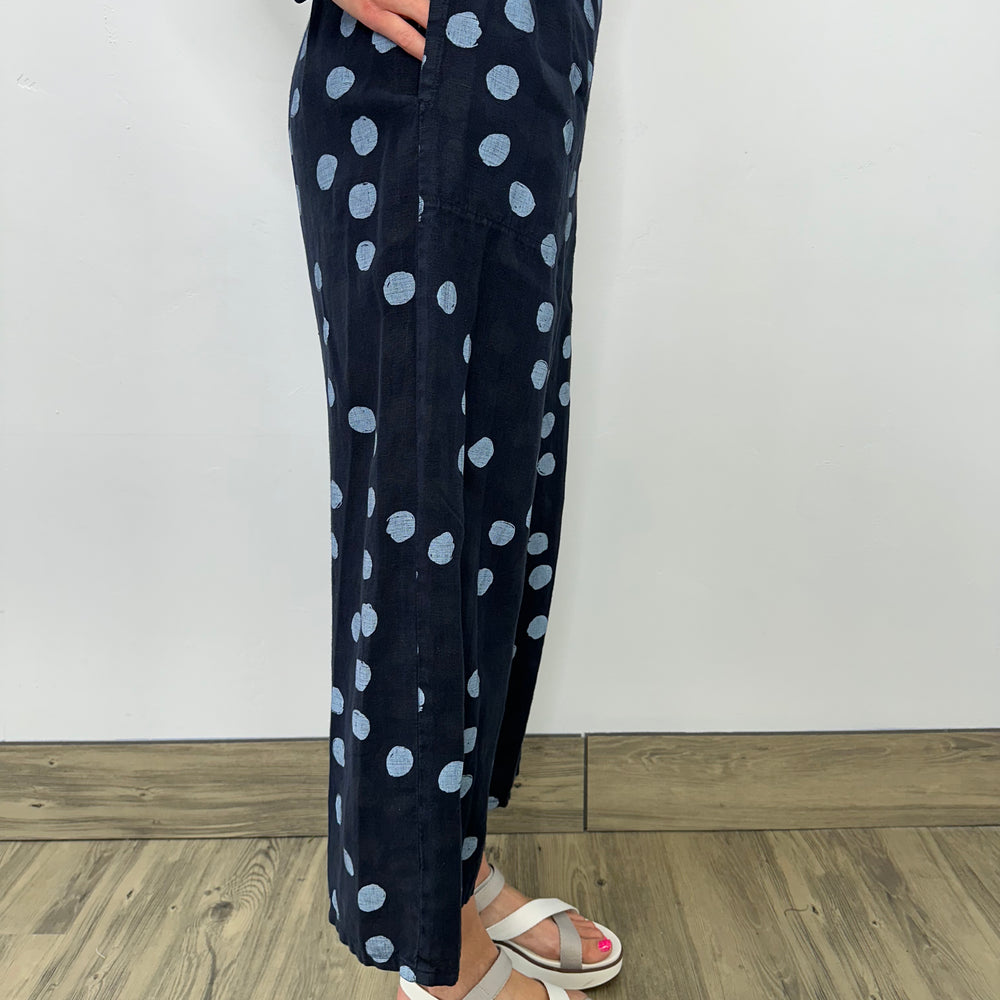 Ink Dots Linen Flat Front Crop Pant with Adjustable Waist