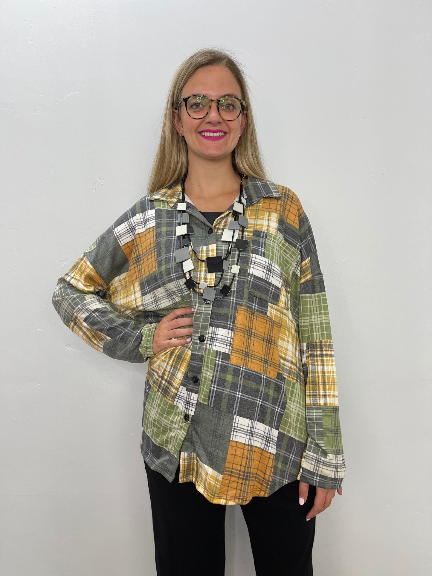 Green & Gold Plaid Button Up Flannel