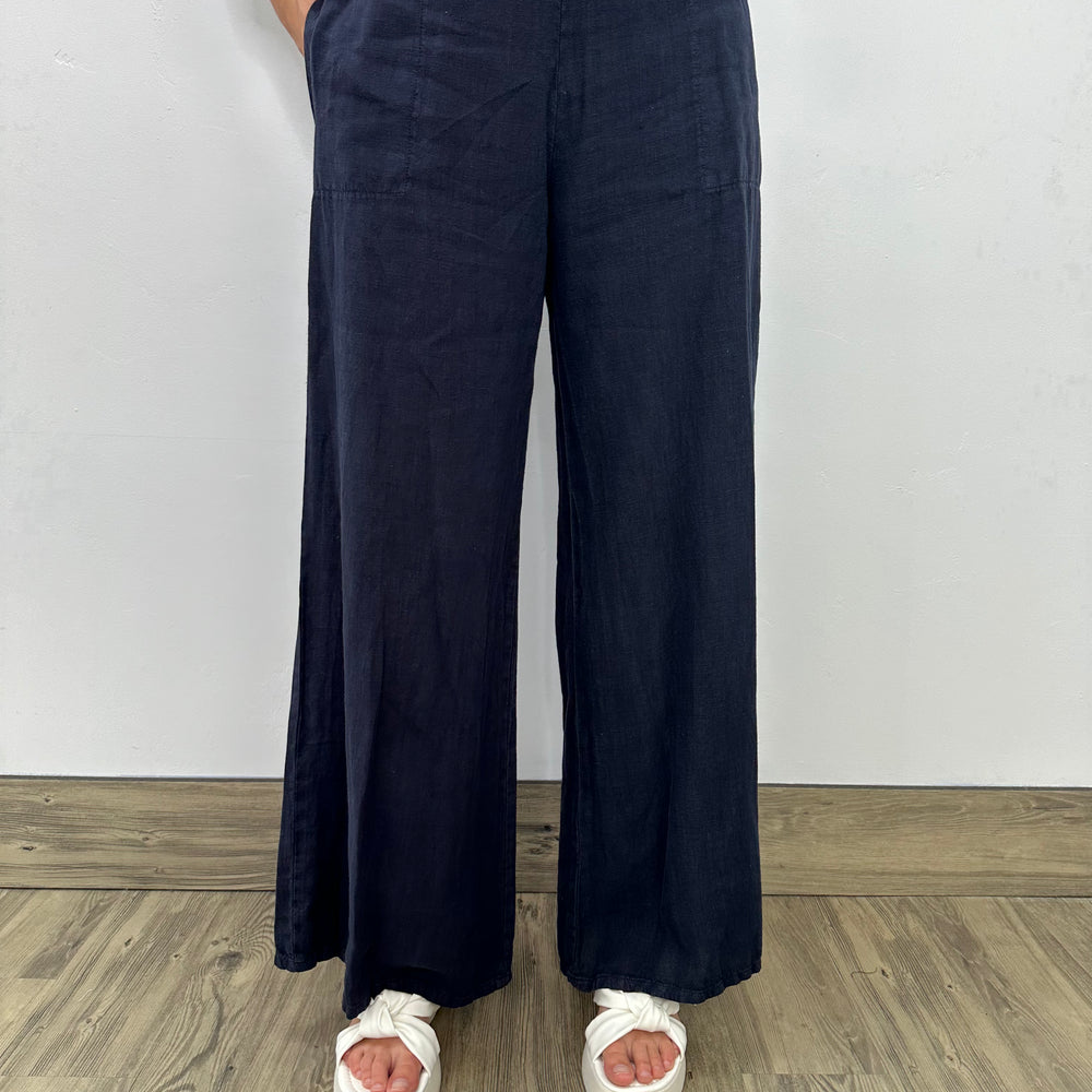 Ink Flat Front Long Linen Palazzo Pant