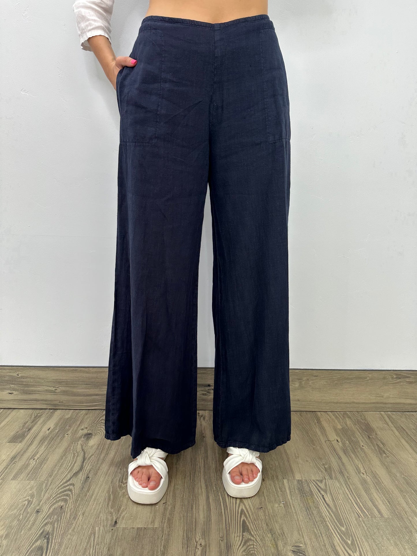 Ink Flat Front Long Linen Palazzo Pant