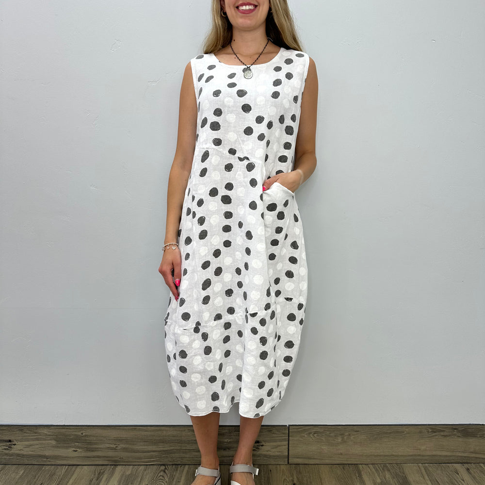 White Linen Sleeveless Dots Bubble Dress with Pocket