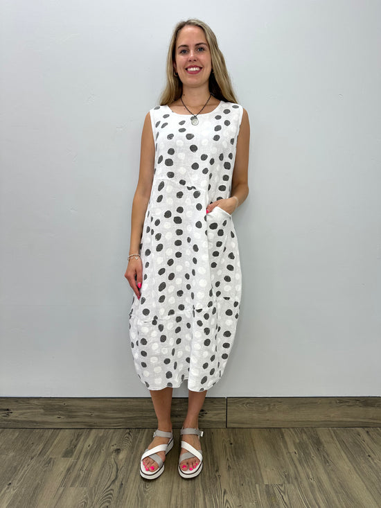 White Linen Sleeveless Dots Bubble Dress with Pocket