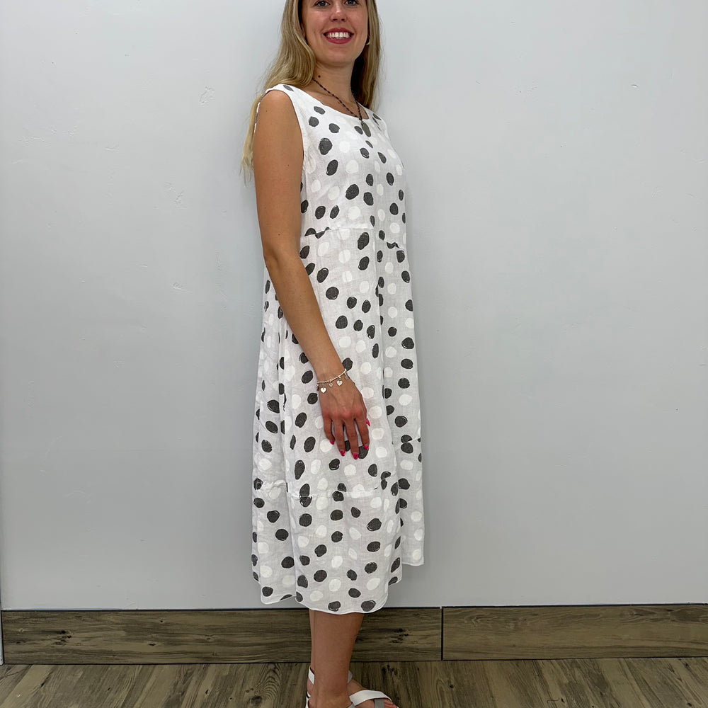 White Linen Sleeveless Dots Bubble Dress with Pocket