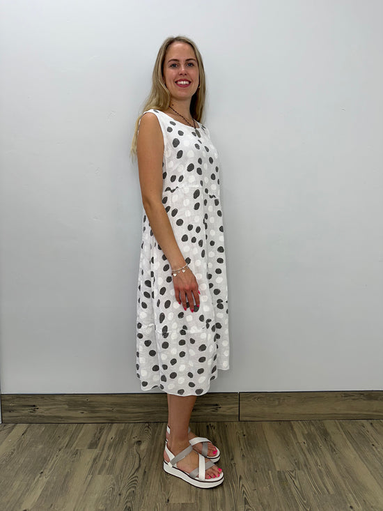 White Linen Sleeveless Dots Bubble Dress with Pocket