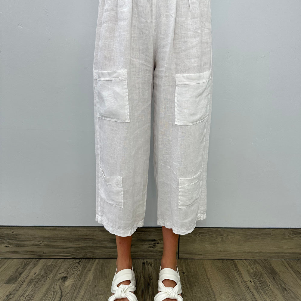 White Linen Multi Pocket Crop Pant