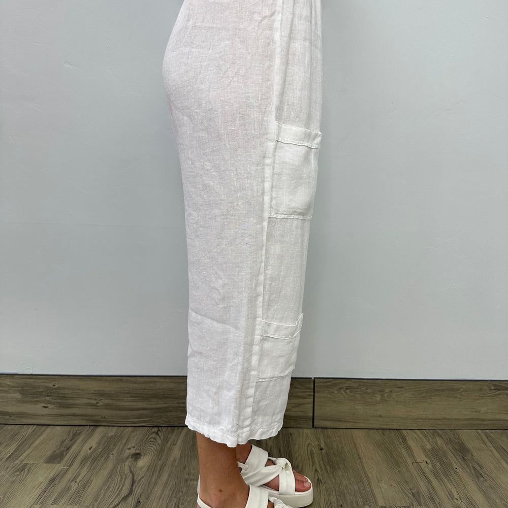 White Linen Multi Pocket Crop Pant