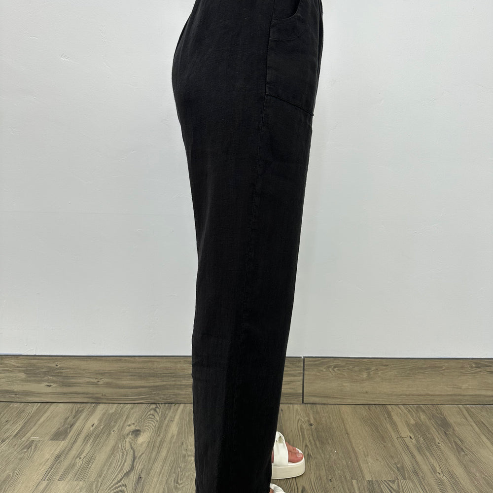 Black Linen Long Straight Leg Pant