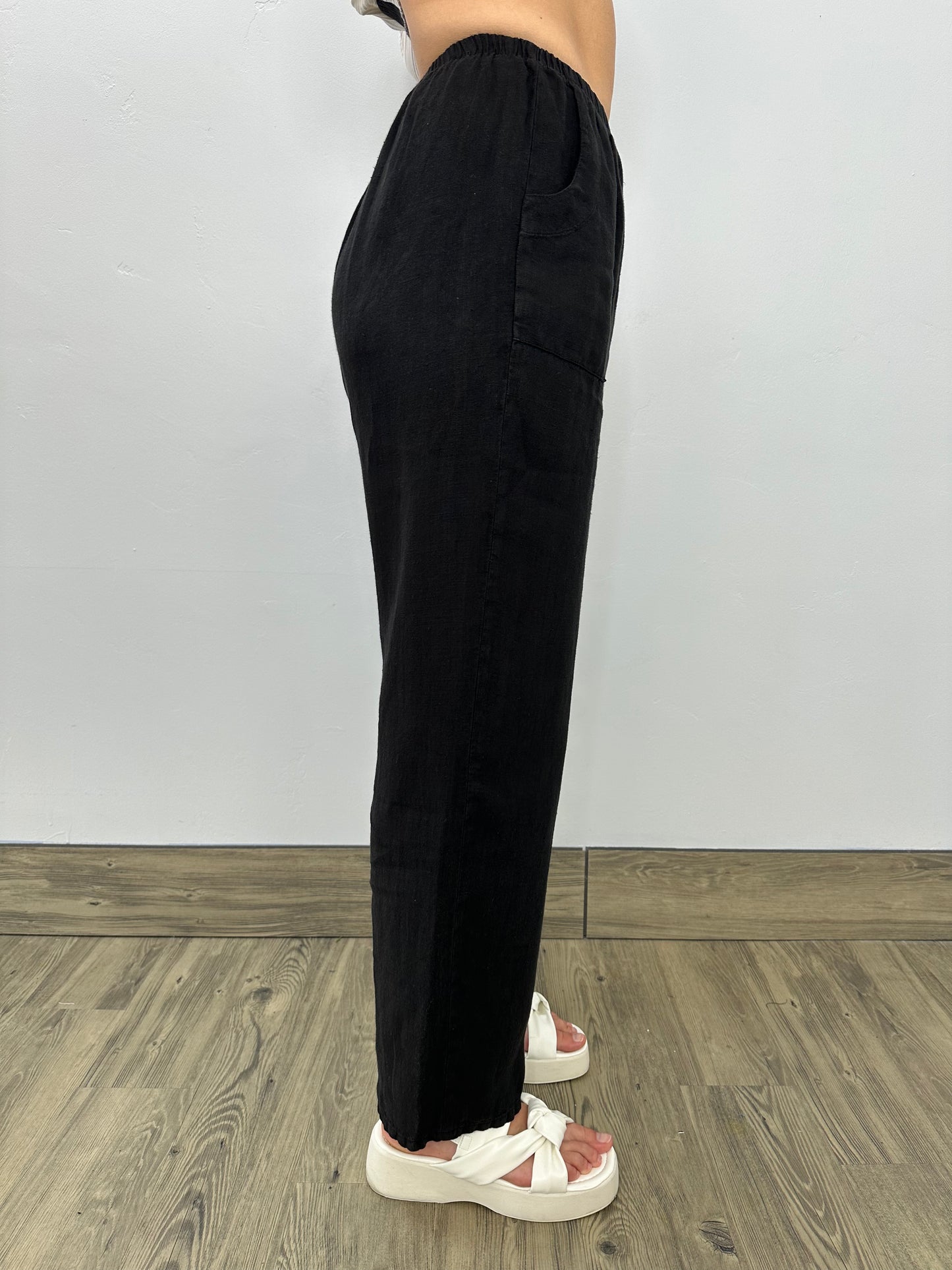 Black Linen Long Straight Leg Pant