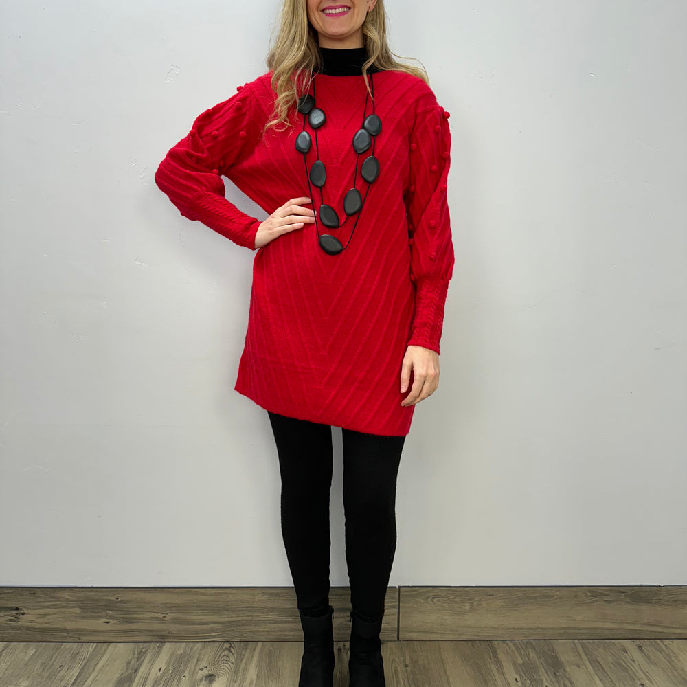 Boho Chic Long Sweater Dress - Red