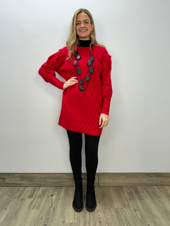 Boho Chic Long Sweater Dress - Red