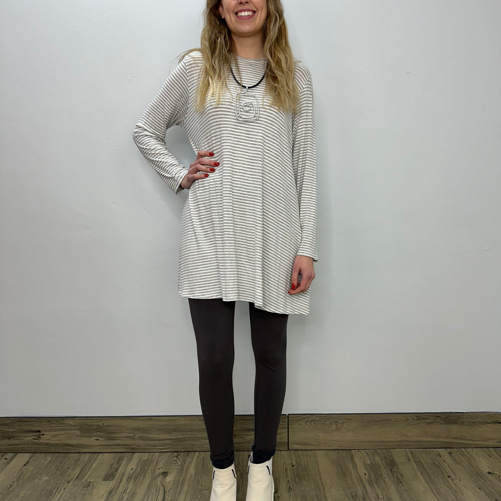 Long Sleeve Basic A-Line Tunic - Gray & White Stripe