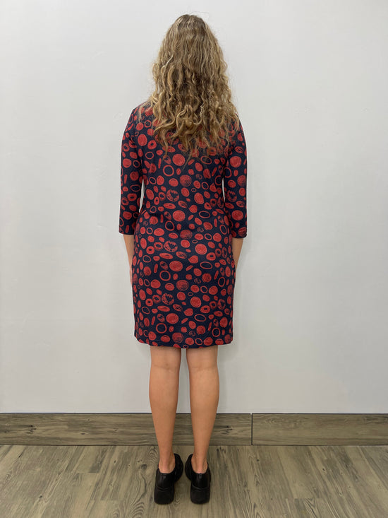 Navy and Red Pattern 3/4 Sleeve Dress