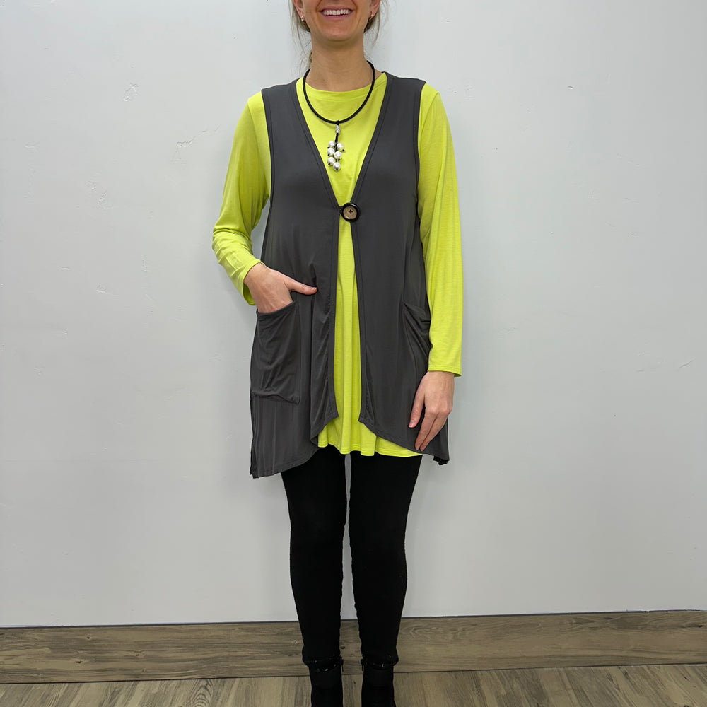 Modal One Button Vest with Pockets - Charcoal