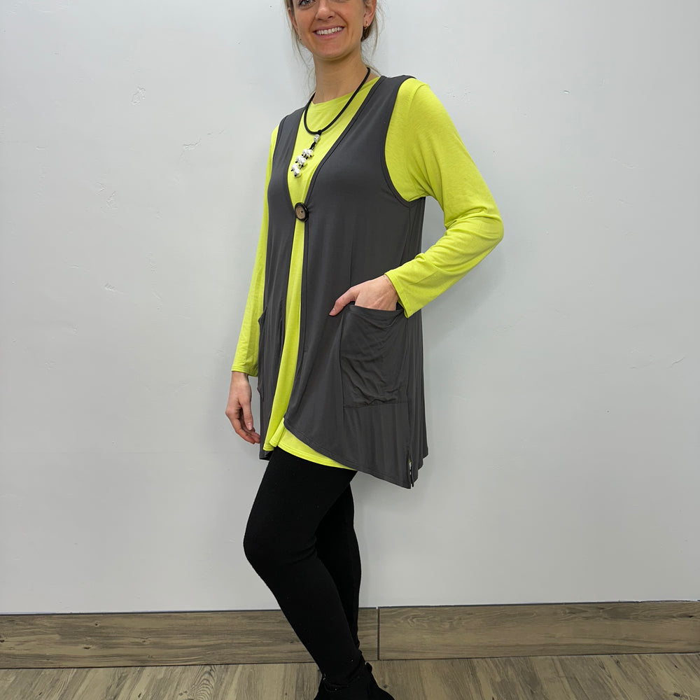 Modal One Button Vest with Pockets - Charcoal