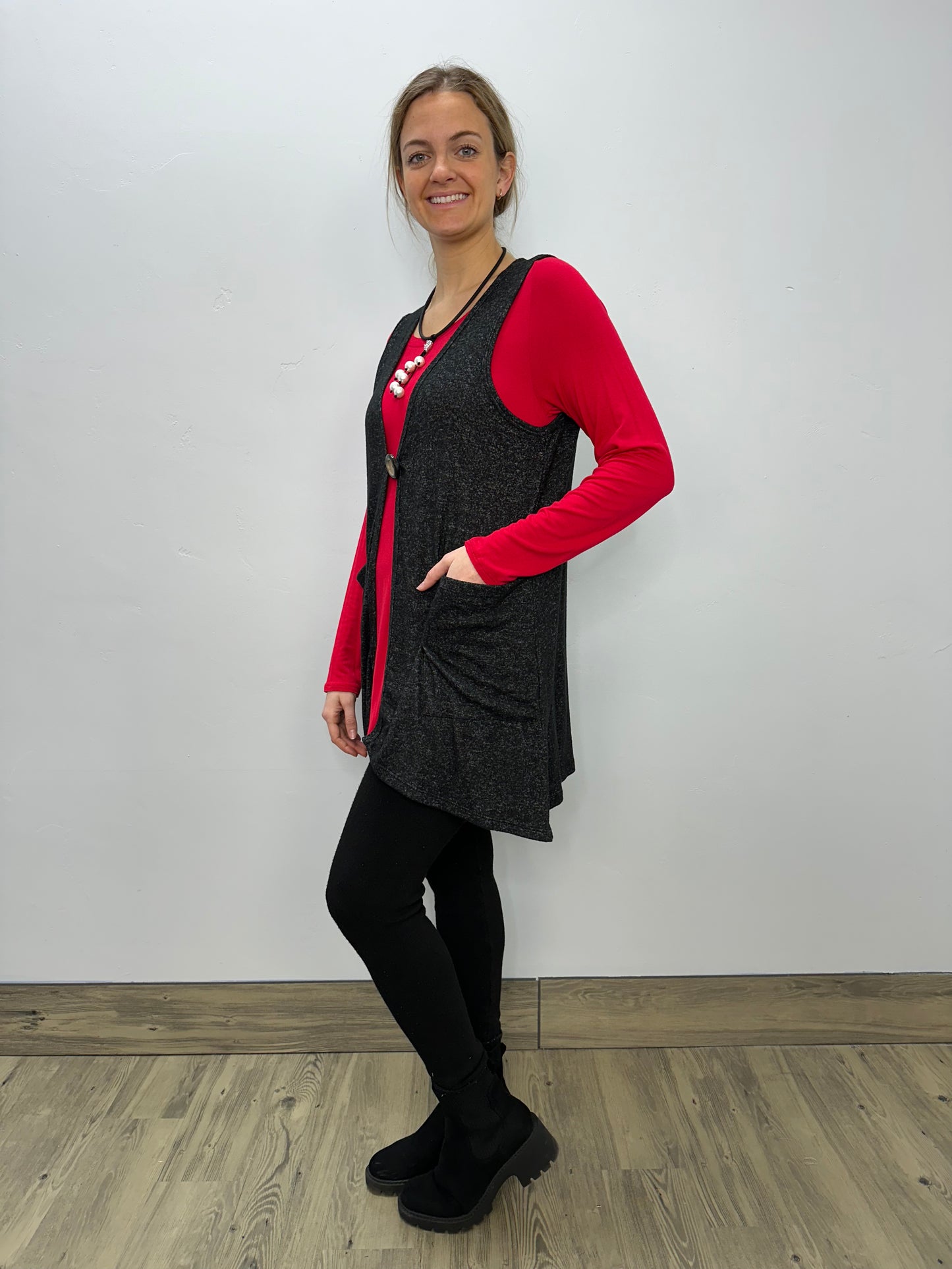 Modal One Button Vest with Pockets - Pepper Hacci