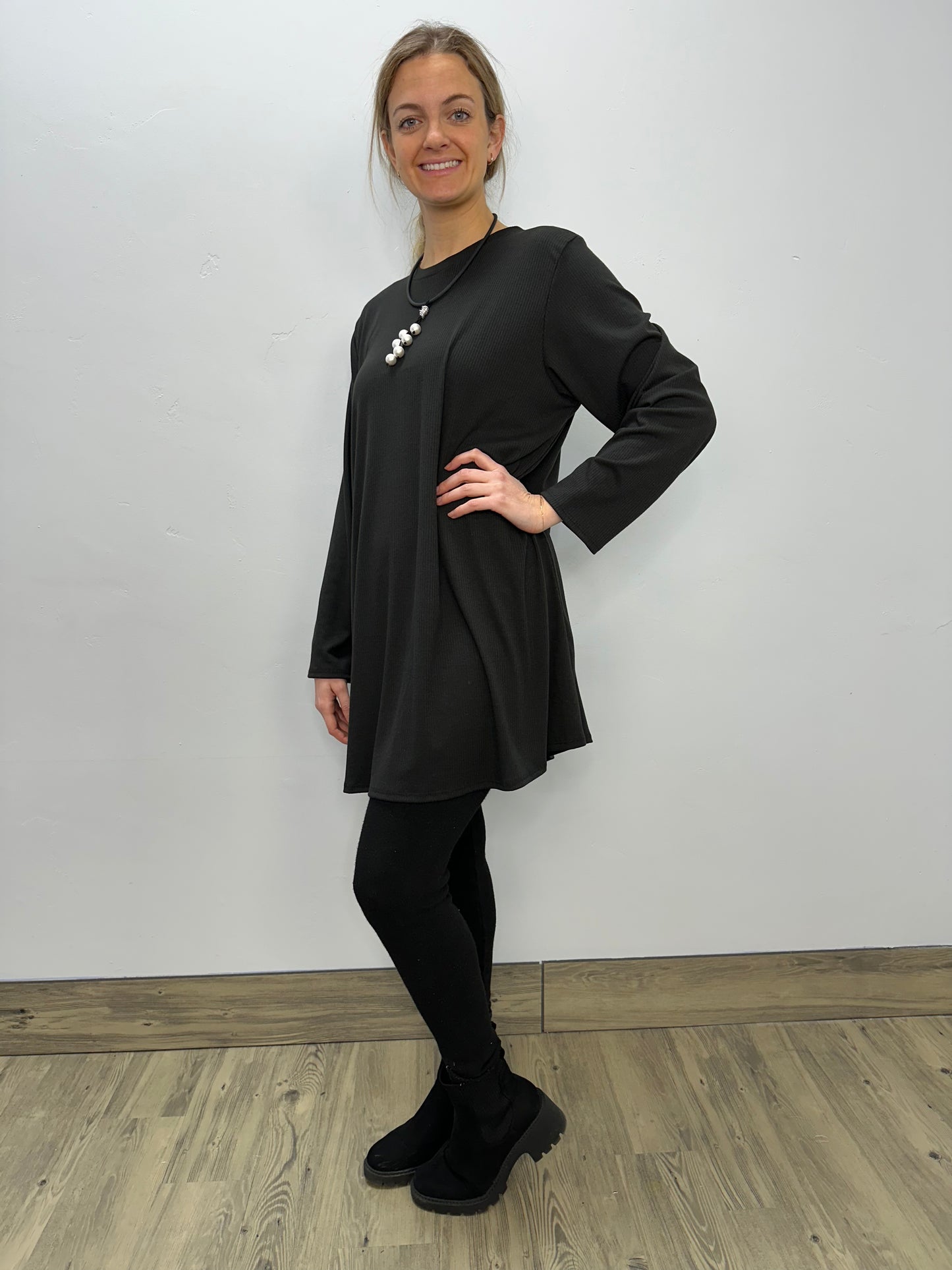 Long Sleeve Basic A-Line Tunic - Rib Black