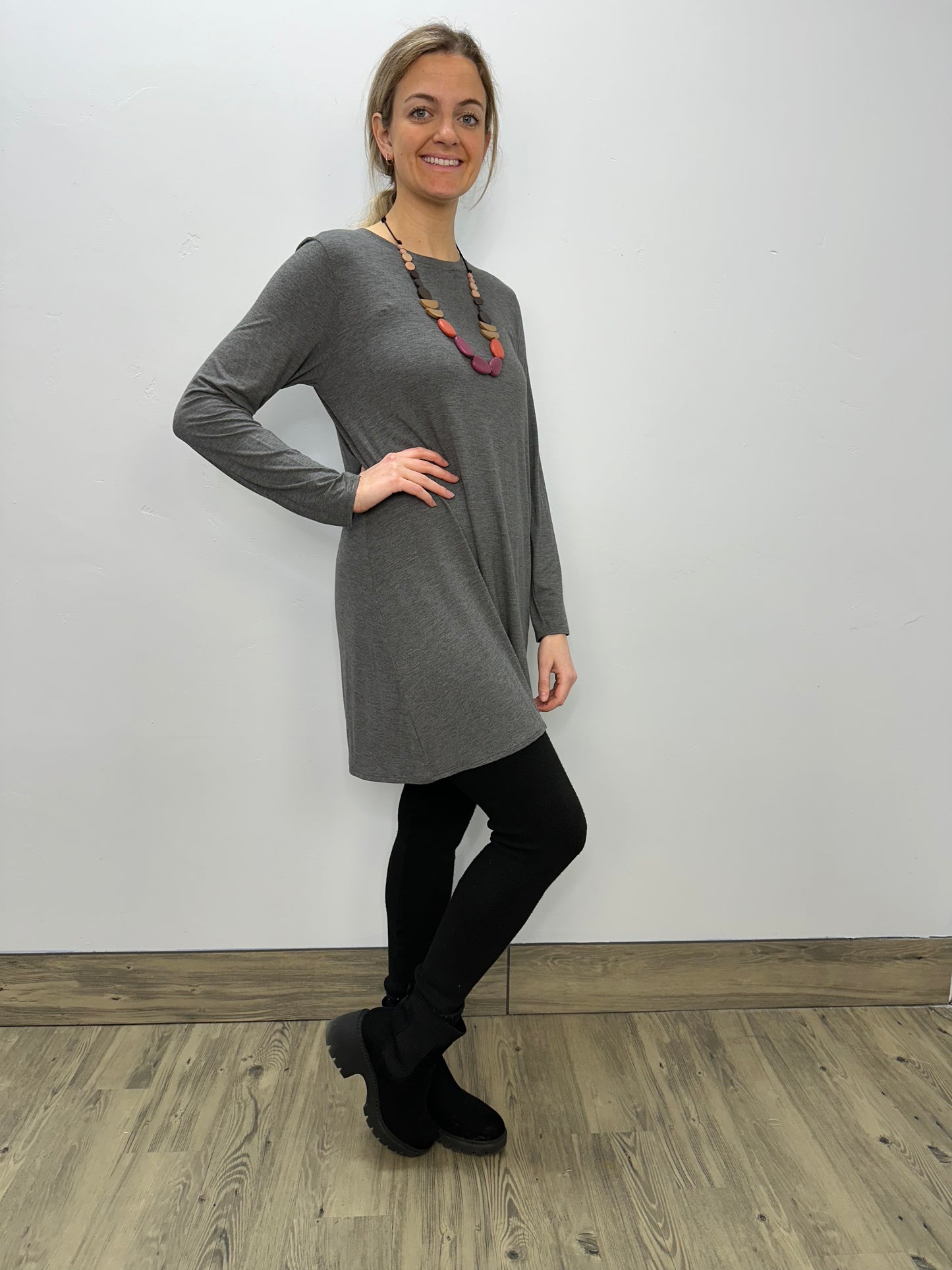 Long Sleeve Basic A-Line Tunic - Heather Charcoal