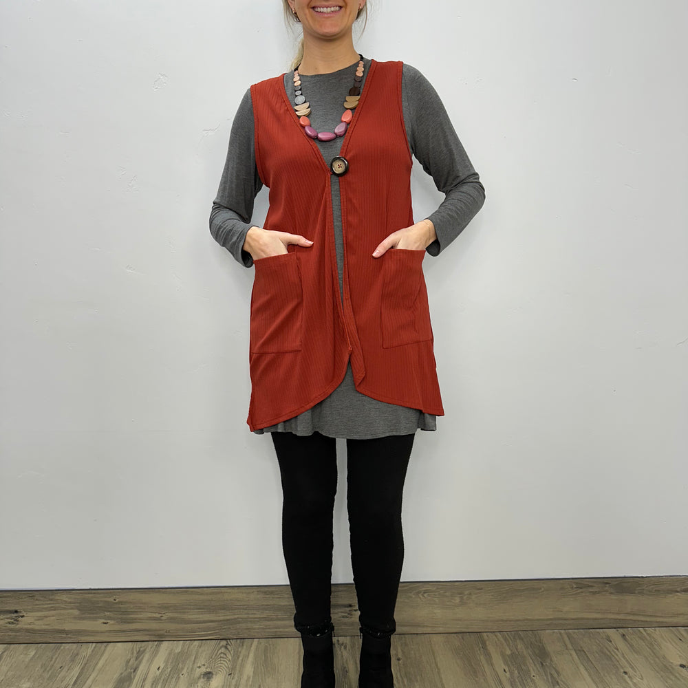 Modal One Button Vest with Pockets - Ribbed Paprika