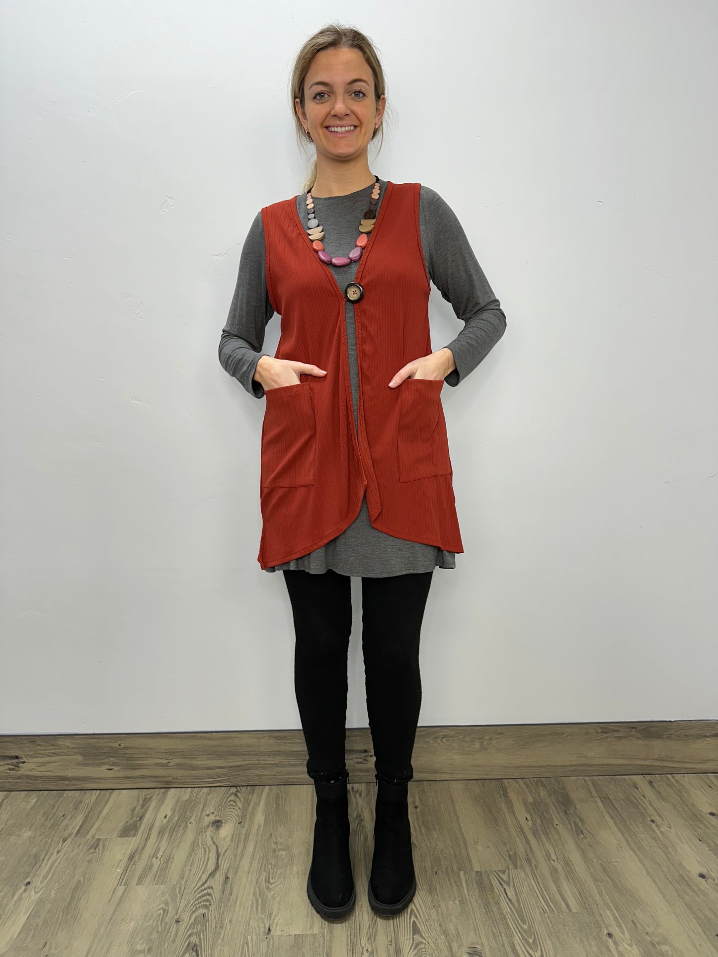 Modal One Button Vest with Pockets - Ribbed Paprika