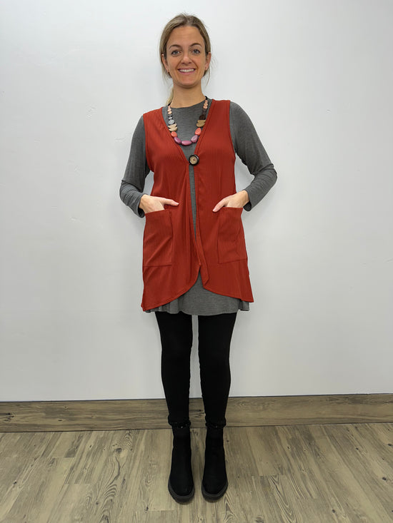 Modal One Button Vest with Pockets - Ribbed Paprika