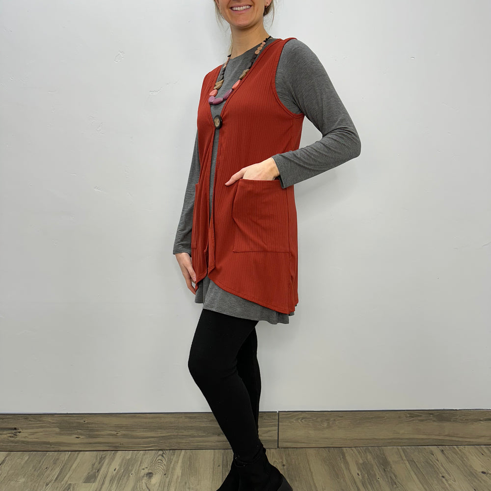 Modal One Button Vest with Pockets - Ribbed Paprika