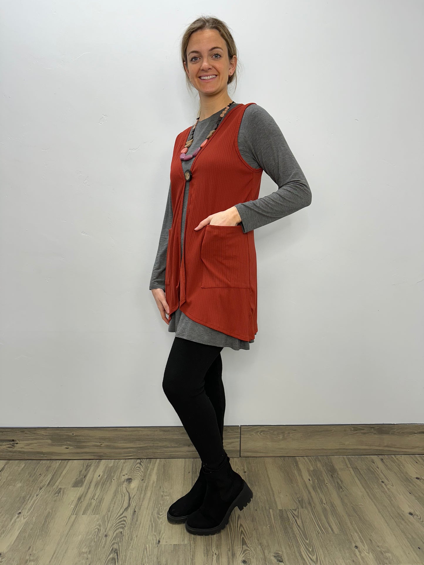 Modal One Button Vest with Pockets - Ribbed Paprika